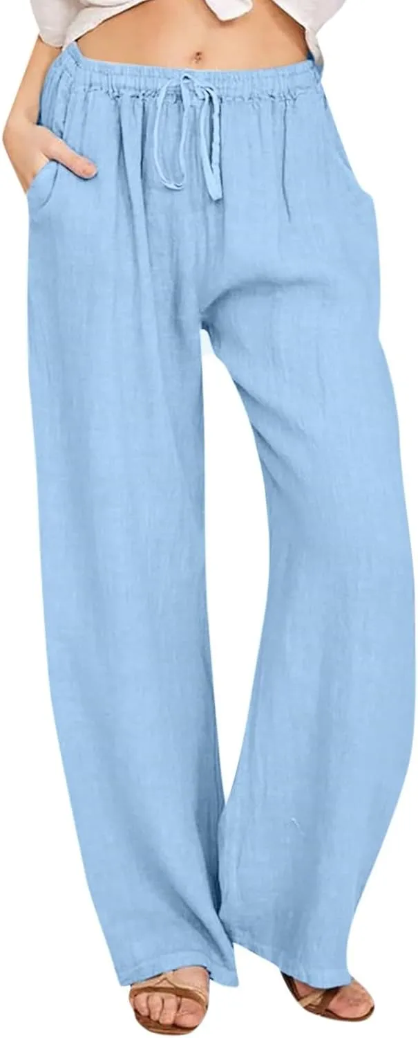Linen Pants Women Wide Leg Drawstring Elastic Waist Palazzo Pants with Pockets Flowy Boho Beach Lounge Trousers Pant