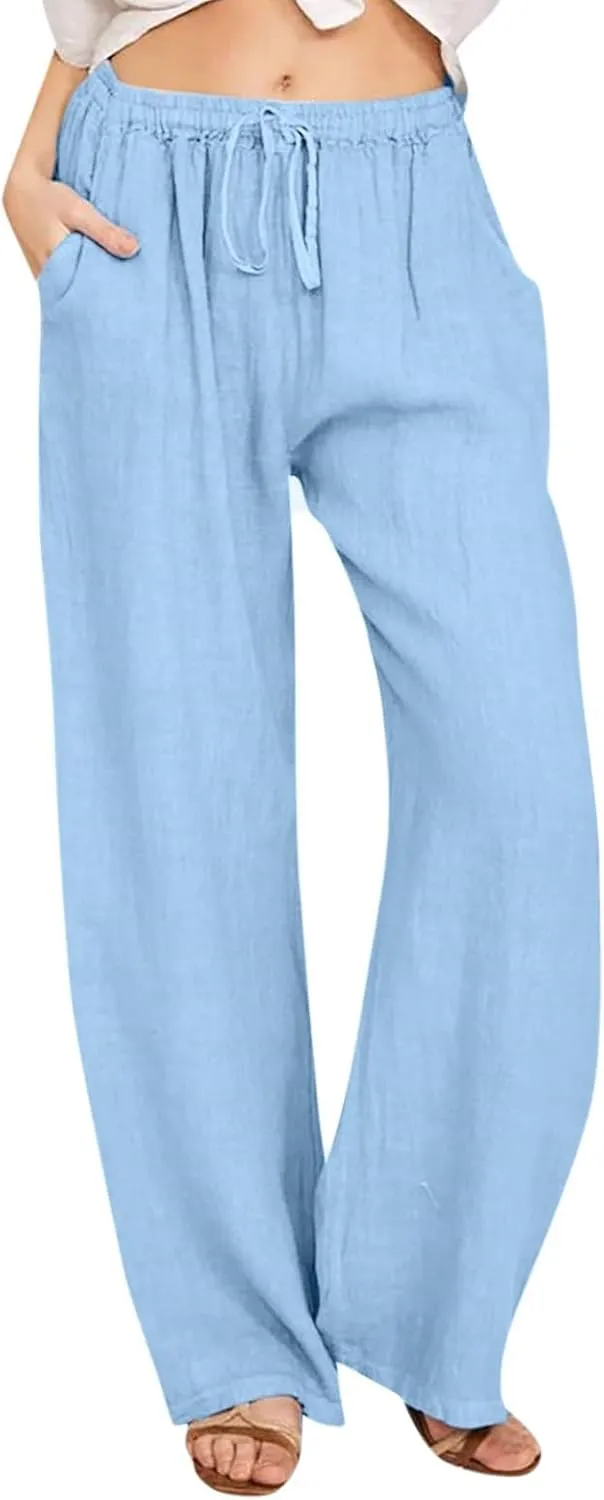 Linen Pants Women Wide Leg Drawstring Elastic Waist Palazzo Pants with Pockets Flowy Boho Beach Lounge Trousers Pant
