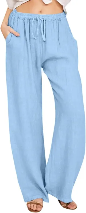 Linen Pants Women Wide Leg Drawstring Elastic Waist Palazzo Pants with Pockets Flowy Boho Beach Lounge Trousers Pant