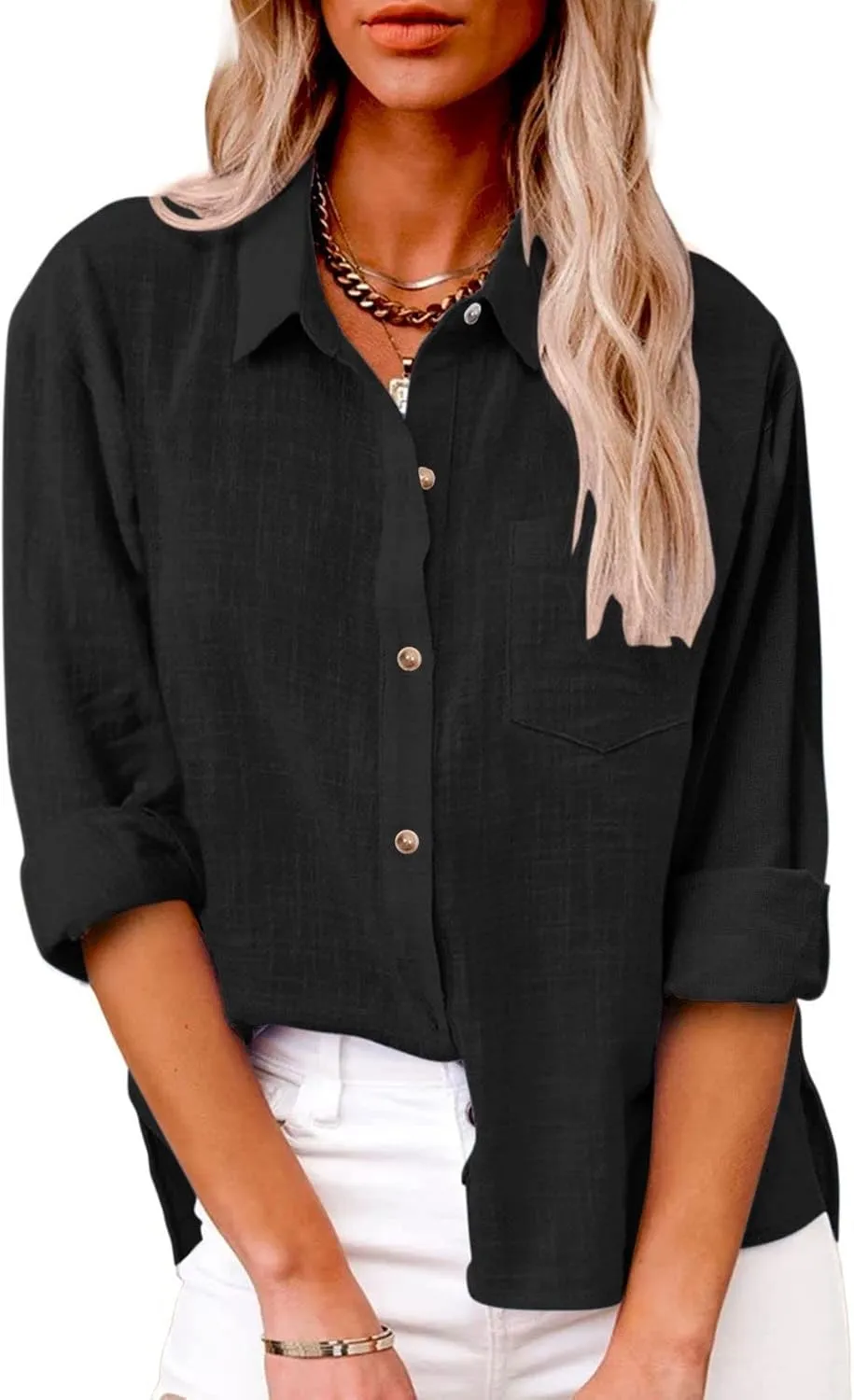 Linen Shirts for Women Lightweight Gauze Tops,Lapel Button Boho Crewneck Tops,Casual Blouses Clothes