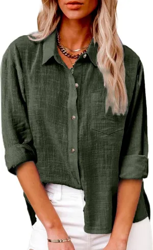 Linen Shirts for Women Lightweight Gauze Tops,Lapel Button Boho Crewneck Tops,Casual Blouses Clothes