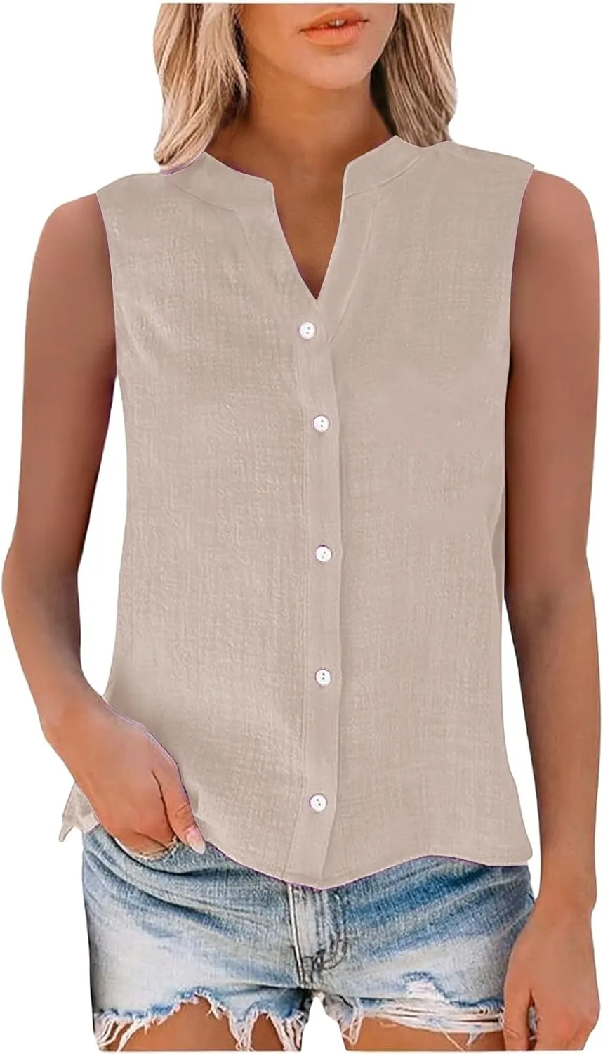 Linen Shirts for Women Sleeveless Buttons V Neck Boho Tops Solid Color Summer Beach Blouses Casual Loose Fit Tee