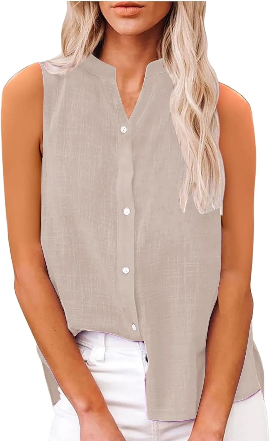 Linen Shirts for Women Sleeveless Buttons V Neck Boho Tops Solid Color Summer Beach Blouses Casual Loose Fit Tee