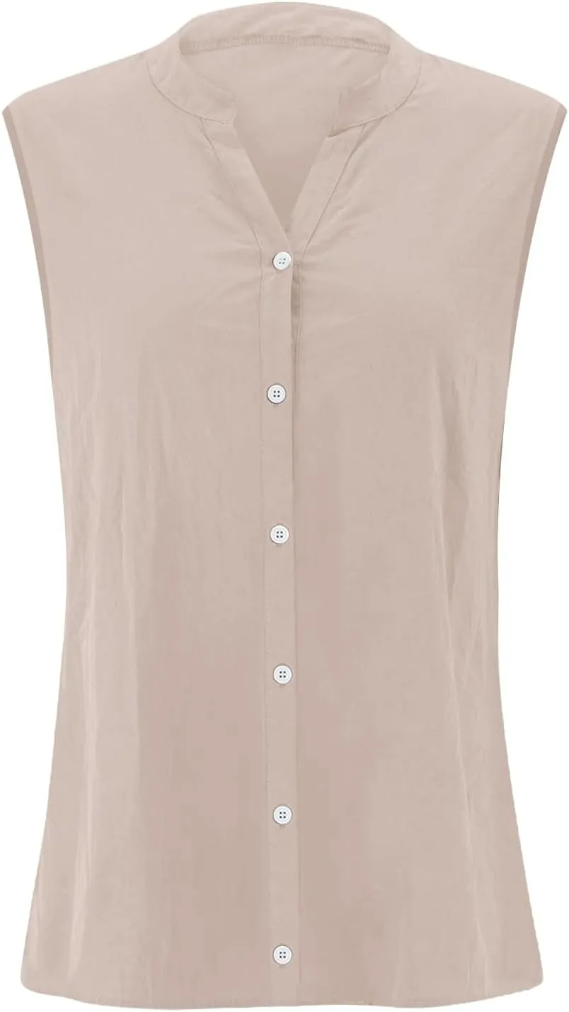 Linen Shirts for Women Sleeveless Buttons V Neck Boho Tops Solid Color Summer Beach Blouses Casual Loose Fit Tee