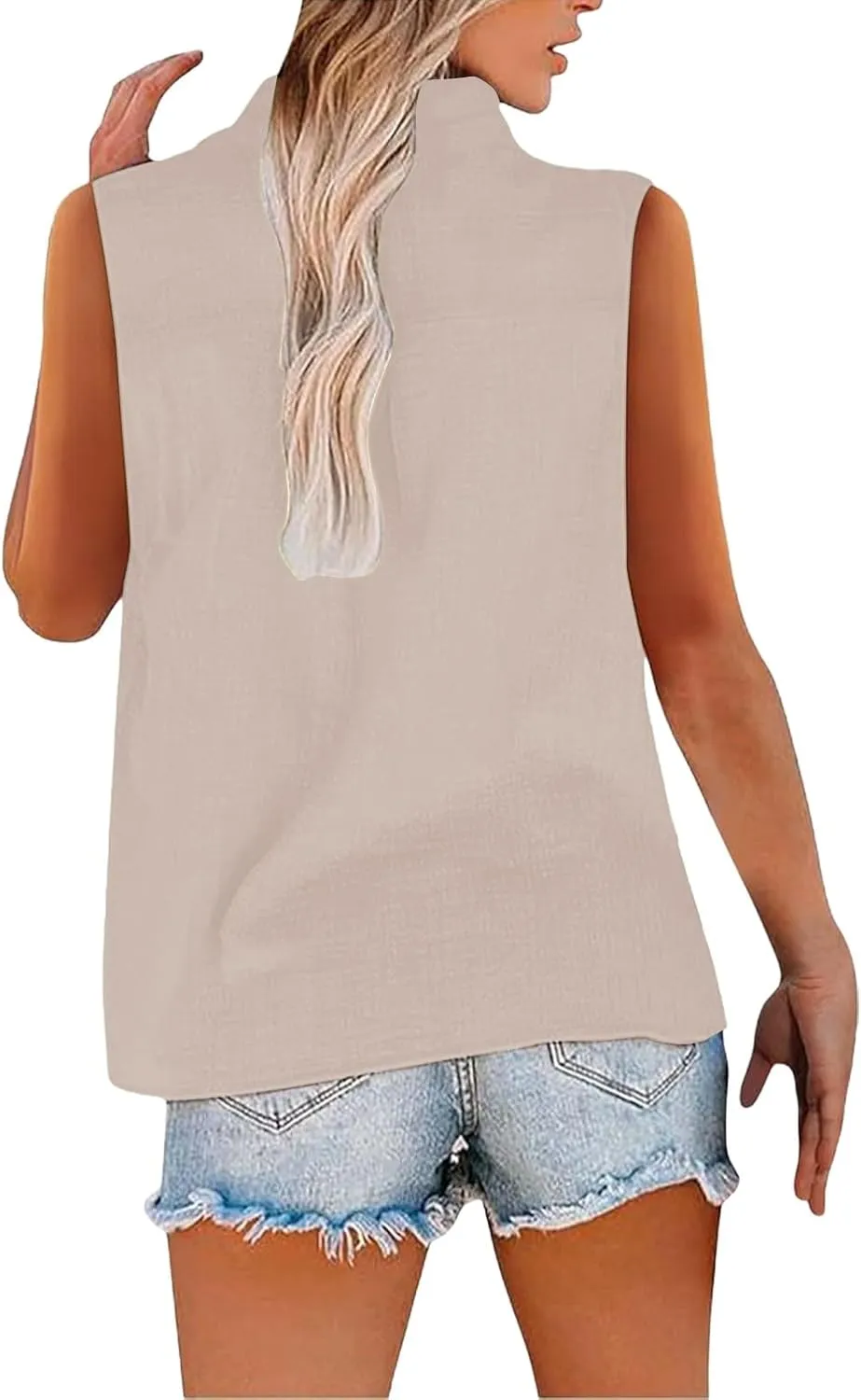Linen Shirts for Women Sleeveless Buttons V Neck Boho Tops Solid Color Summer Beach Blouses Casual Loose Fit Tee