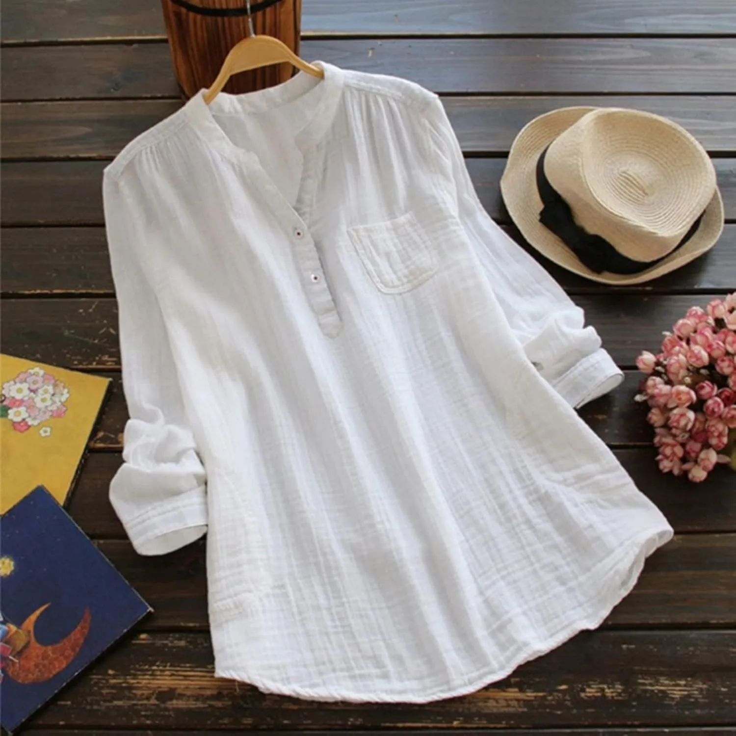Linen Shirts for Women Summer Cotton Linen Plain Long Sleeve Tunic Tops Casual Loose Fit Beach V-Neck Tee Tops