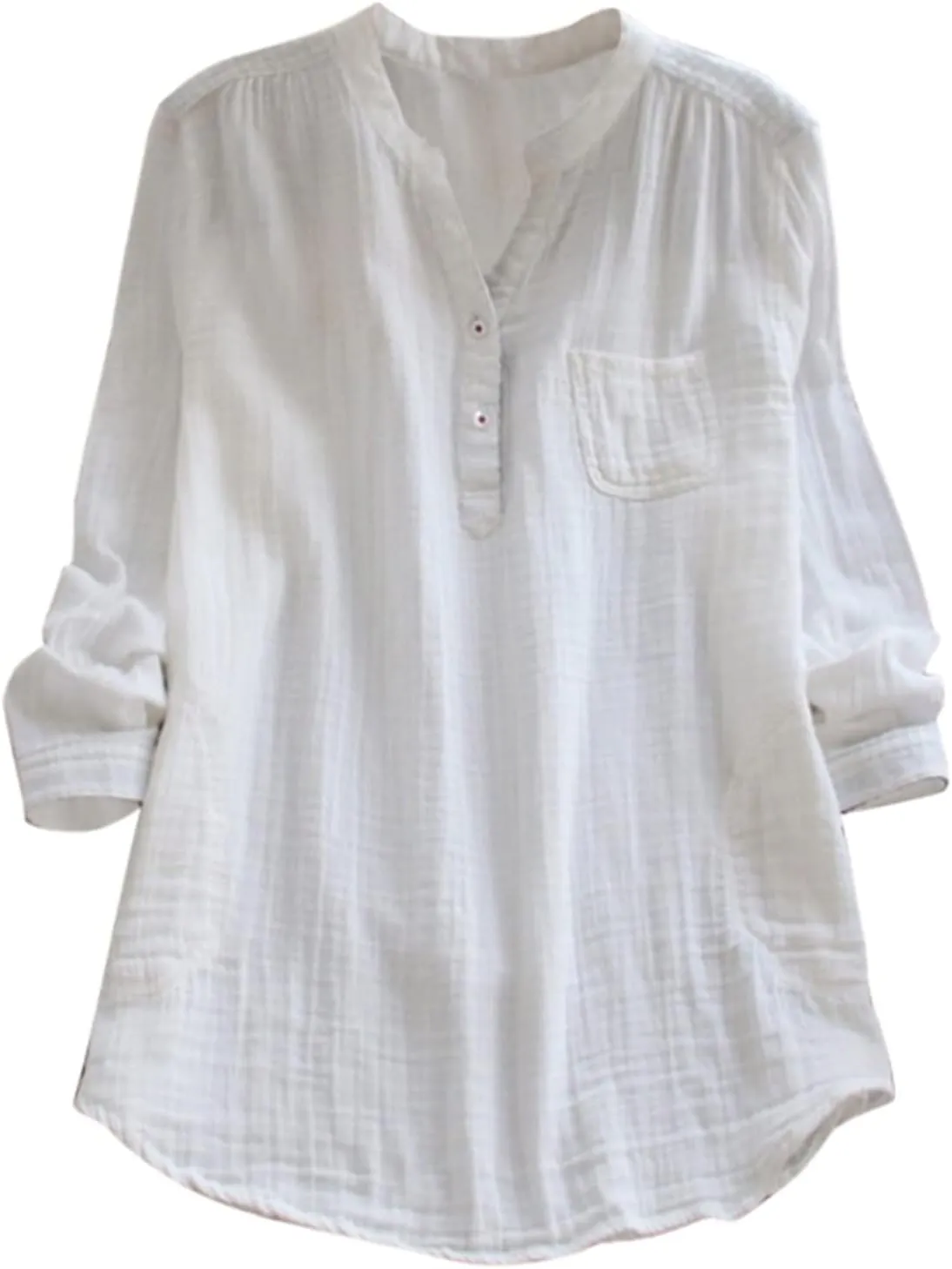 Linen Shirts for Women Summer Cotton Linen Plain Long Sleeve Tunic Tops Casual Loose Fit Beach V-Neck Tee Tops