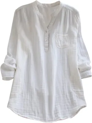 Linen Shirts for Women Summer Cotton Linen Plain Long Sleeve Tunic Tops Casual Loose Fit Beach V-Neck Tee Tops