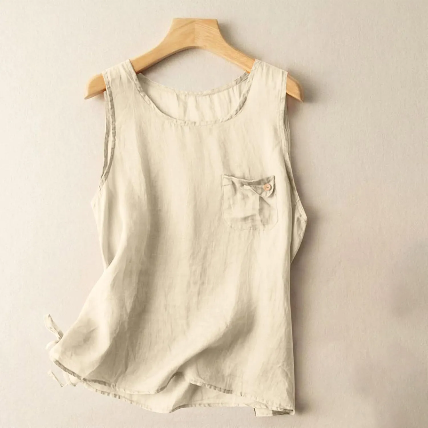 Linen Shirts for Women Summer Dressy Sleeveless Crewneck Cotton Tank Tops Solid Lightweight Comfy Vests with Pocket