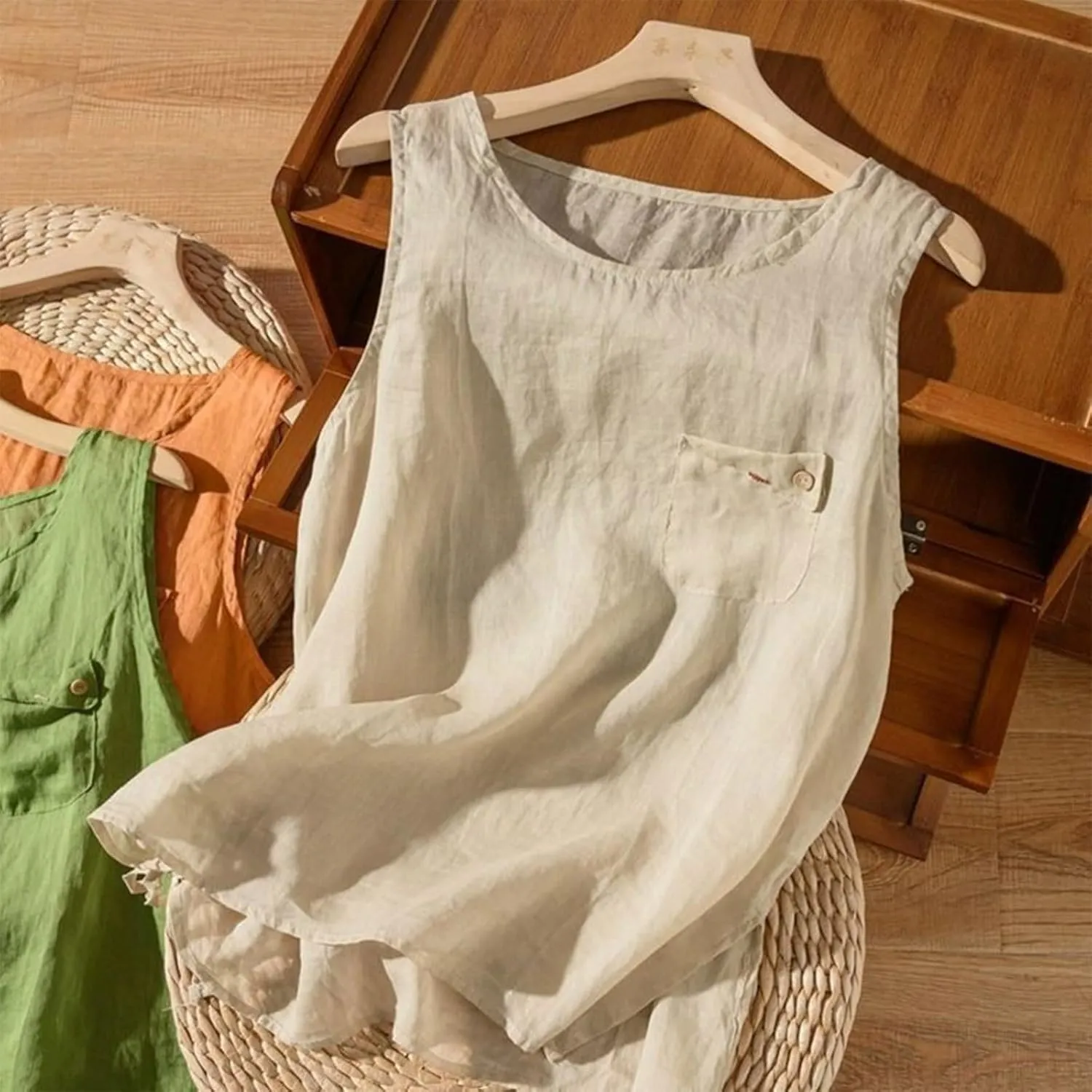 Linen Shirts for Women Summer Dressy Sleeveless Crewneck Cotton Tank Tops Solid Lightweight Comfy Vests with Pocket