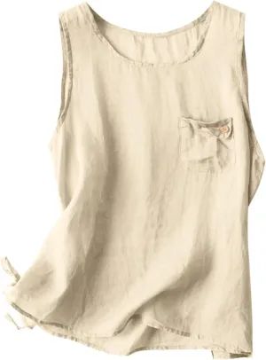 Linen Shirts for Women Summer Dressy Sleeveless Crewneck Cotton Tank Tops Solid Lightweight Comfy Vests with Pocket