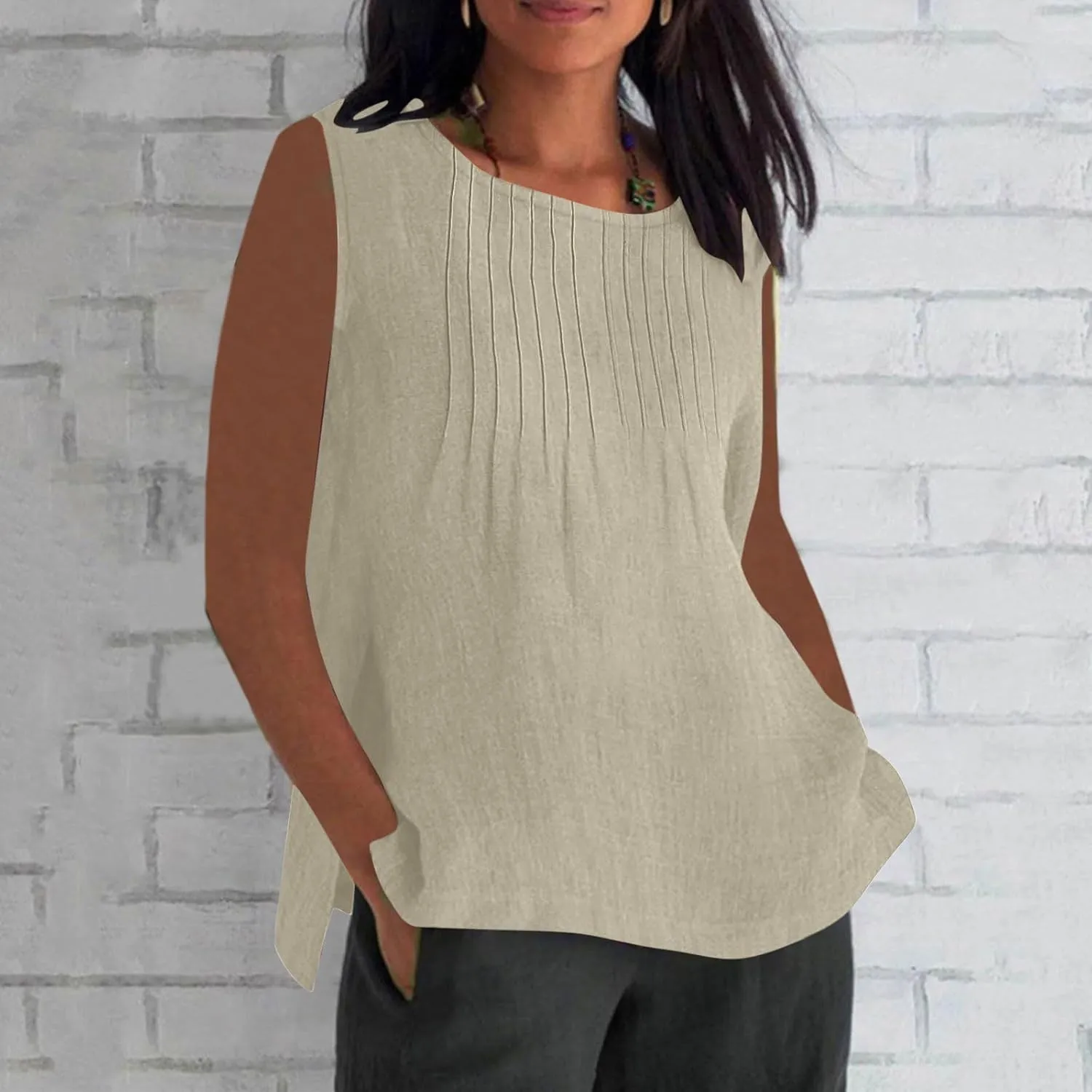 Linen Tank Tops for Women Cotton Gauze Crewneck Pleated Front Sleeveless Plus Size Summer Shirts with Side Slit