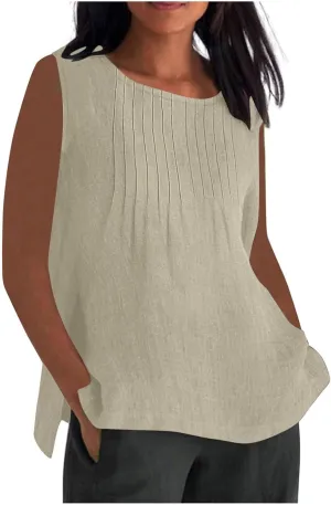Linen Tank Tops for Women Cotton Gauze Crewneck Pleated Front Sleeveless Plus Size Summer Shirts with Side Slit