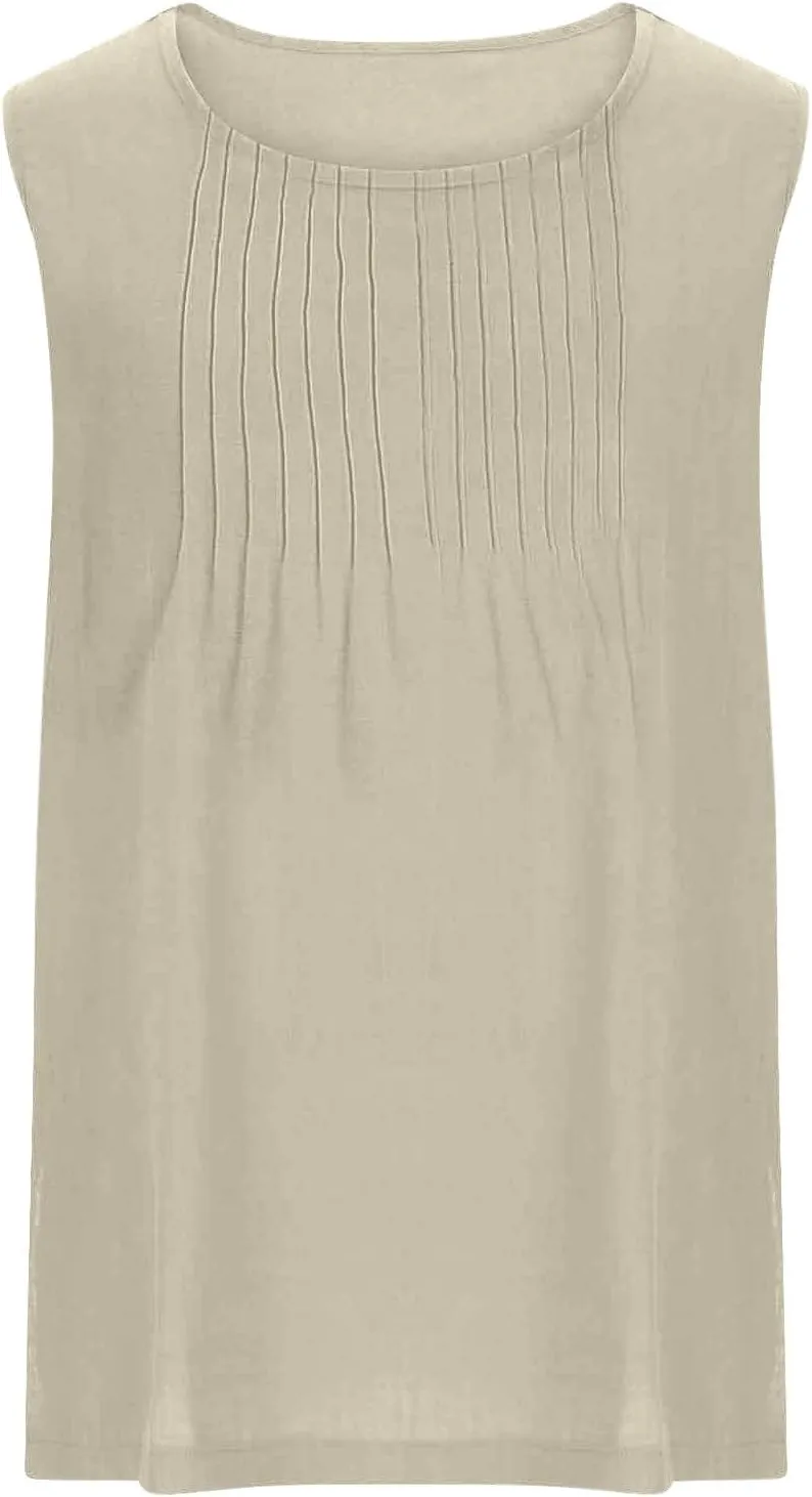 Linen Tank Tops for Women Cotton Gauze Crewneck Pleated Front Sleeveless Plus Size Summer Shirts with Side Slit