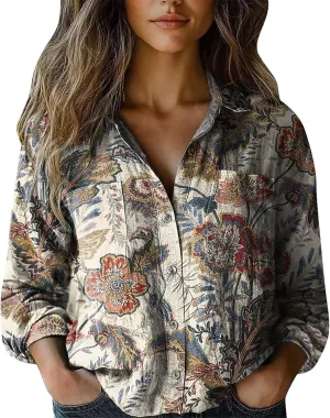 Linen Tops for Women Fashion Down Shirts Casual Tops Long Sleeve Blouse Ladies Summer Casual