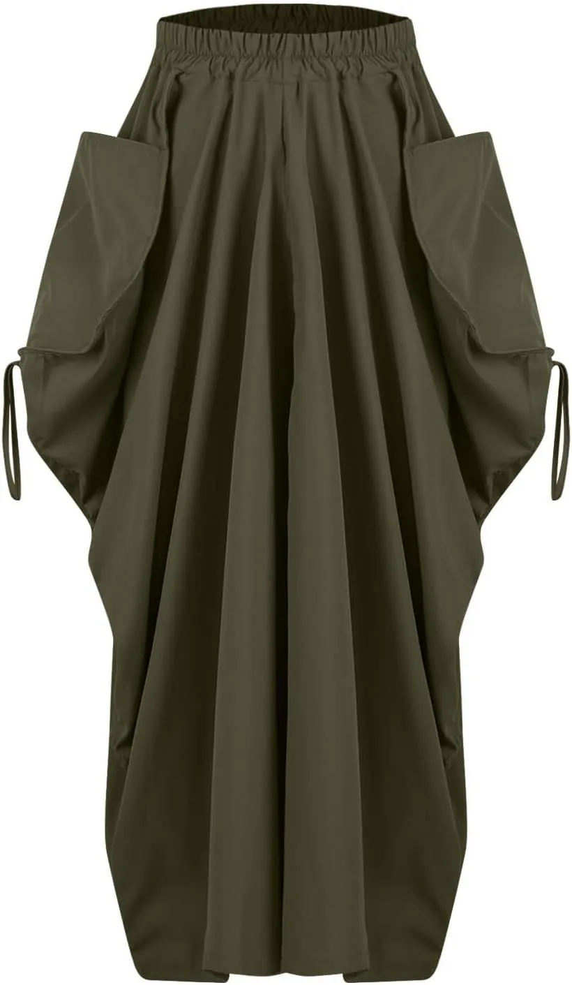 Long Cargo Skirts for Women Y2K Streetwear Elastic Wasit Hippie Party Skirt Bohemian Casual Maxi Skirt with Pockets