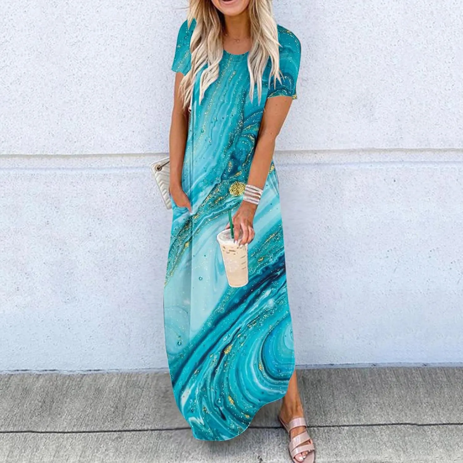 Long Dresses for Women Casual Crew Neck Short Sleeve Midi Sundresses Ladies Fashion Summer Dress with Pockets