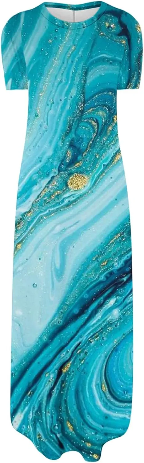 Long Dresses for Women Casual Crew Neck Short Sleeve Midi Sundresses Ladies Fashion Summer Dress with Pockets