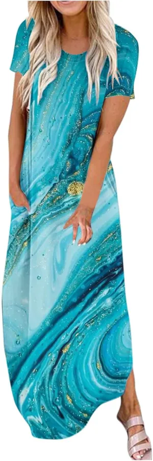 Long Dresses for Women Casual Crew Neck Short Sleeve Midi Sundresses Ladies Fashion Summer Dress with Pockets