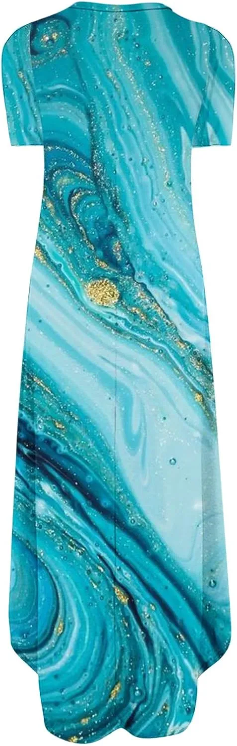 Long Dresses for Women Casual Crew Neck Short Sleeve Midi Sundresses Ladies Fashion Summer Dress with Pockets