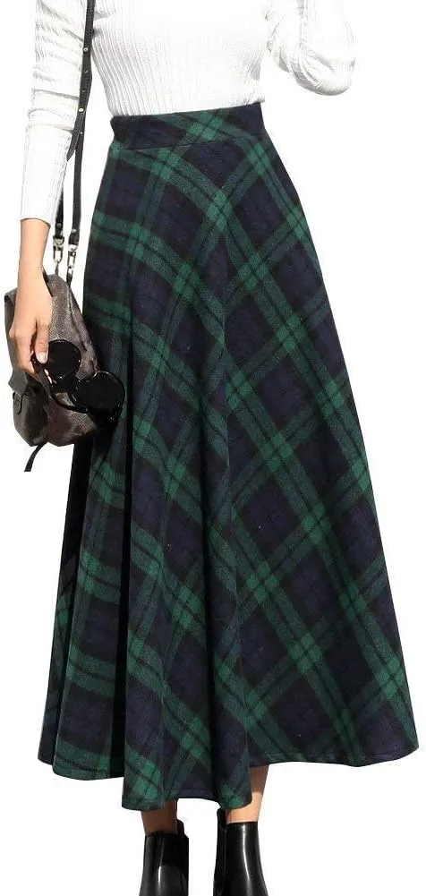 Long Plaid Wool Skirt for Womens Winter Fall Warm High Elastic Waist A line Flared Pleated Wool Tartan Skirts