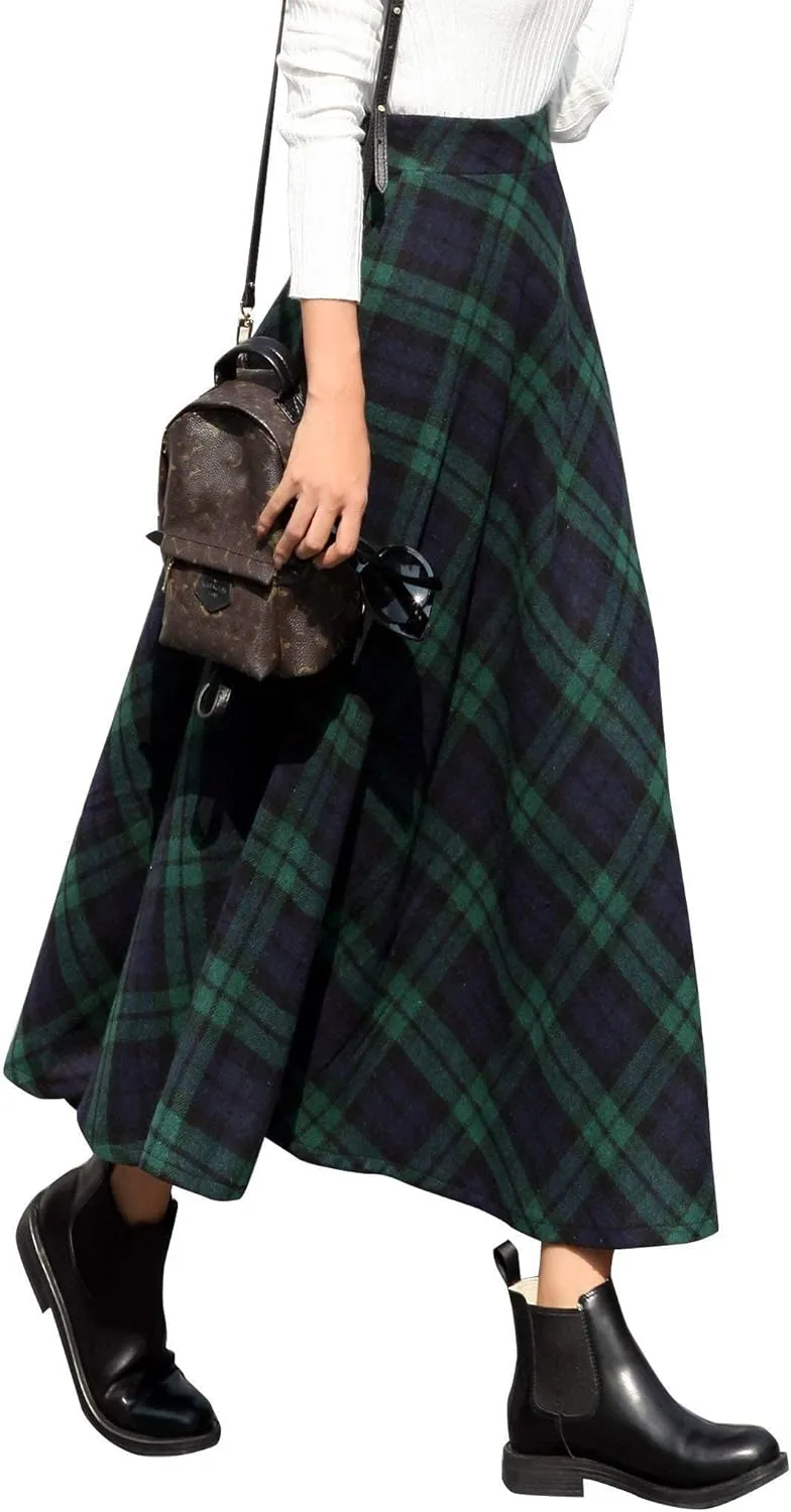 Long Plaid Wool Skirt for Womens Winter Fall Warm High Elastic Waist A line Flared Pleated Wool Tartan Skirts