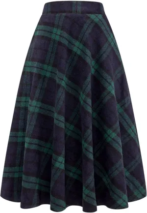 Long Plaid Wool Skirt for Womens Winter Fall Warm High Elastic Waist A line Flared Pleated Wool Tartan Skirts