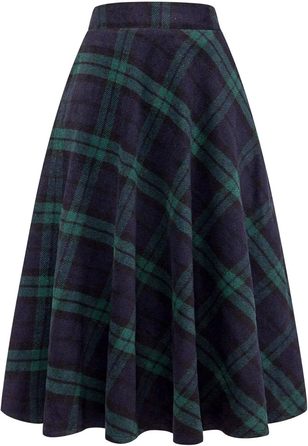 Long Plaid Wool Skirt for Womens Winter Fall Warm High Elastic Waist A line Flared Pleated Wool Tartan Skirts
