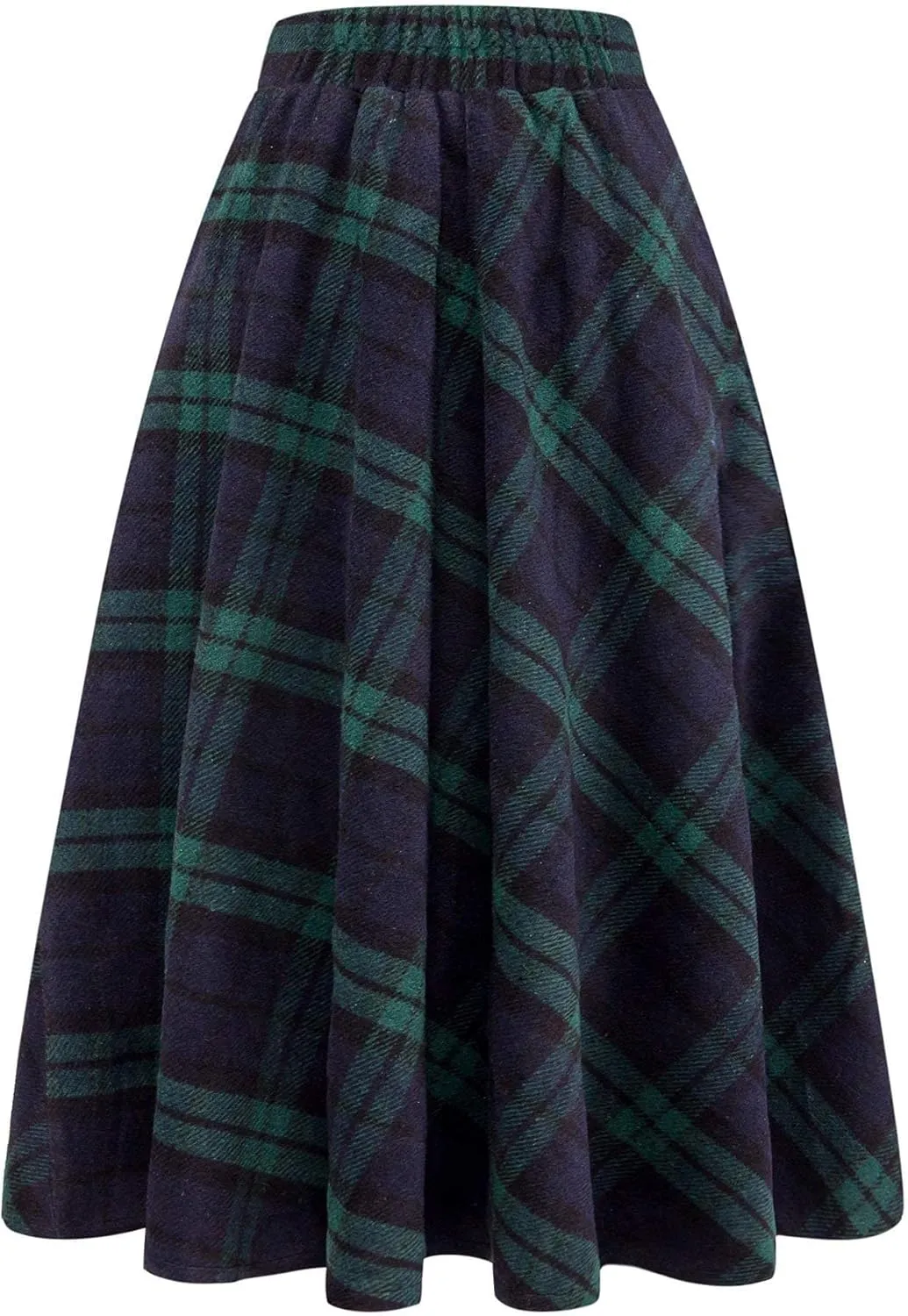 Long Plaid Wool Skirt for Womens Winter Fall Warm High Elastic Waist A line Flared Pleated Wool Tartan Skirts