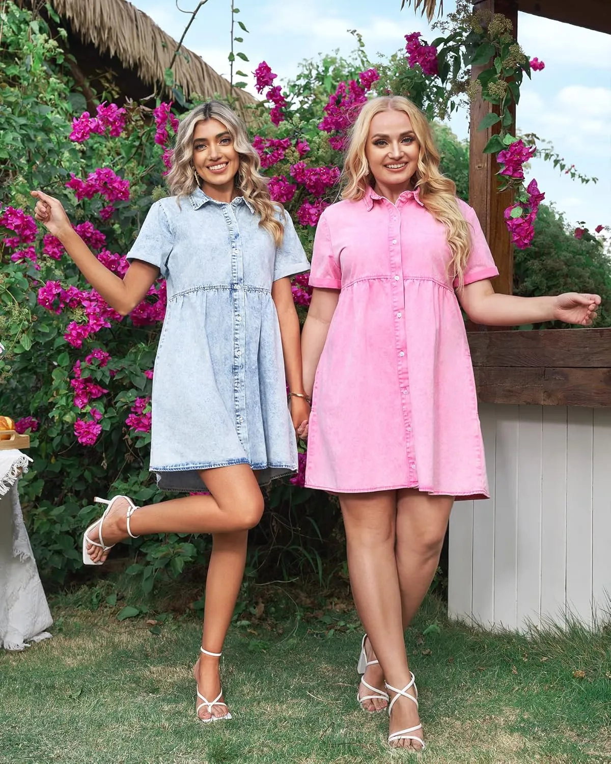 luvamia Women's Casual Short Sleeve Button Down Tiered Denim Babydoll Jean Dress