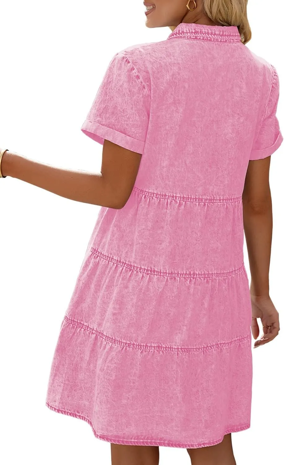luvamia Women's Casual Short Sleeve Button Down Tiered Denim Babydoll Jean Dress