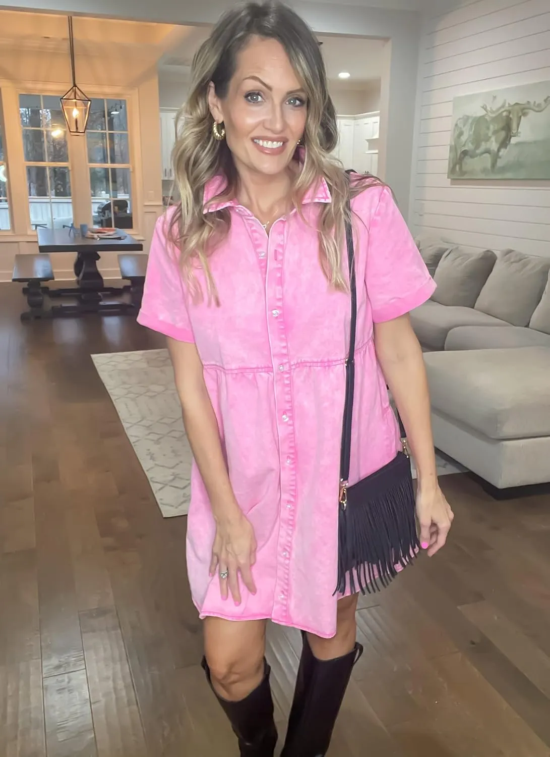luvamia Women's Casual Short Sleeve Button Down Tiered Denim Babydoll Jean Dress