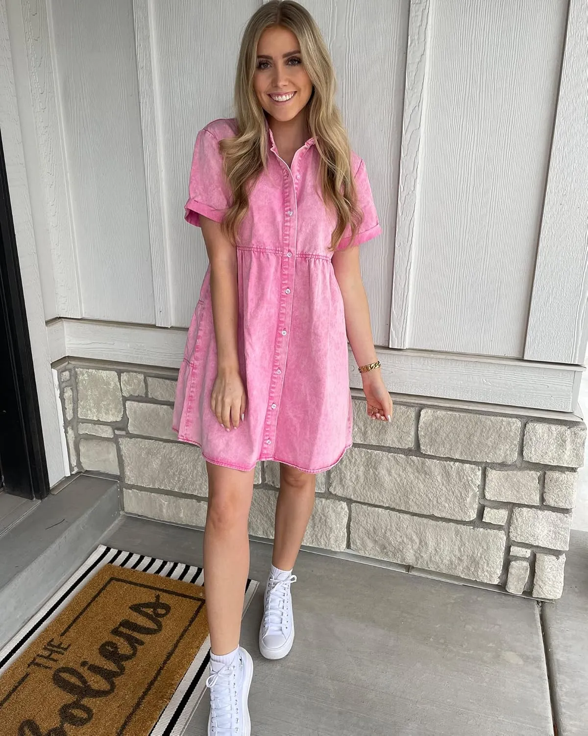 luvamia Women's Casual Short Sleeve Button Down Tiered Denim Babydoll Jean Dress