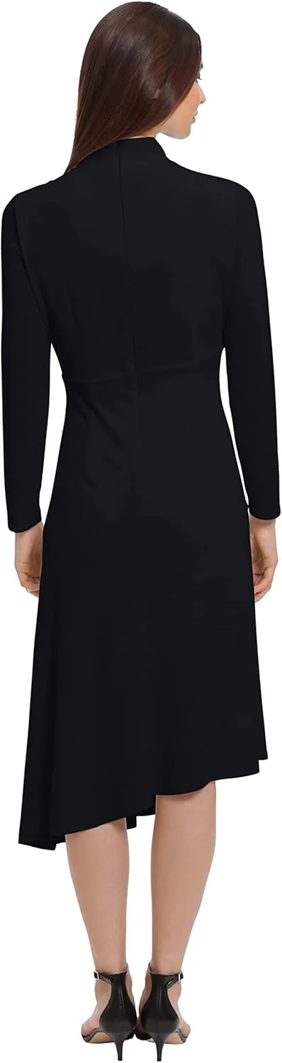Maggy London Women's Long Sleeve Mock Neck Midi Dress with Asymmetrical Hem
