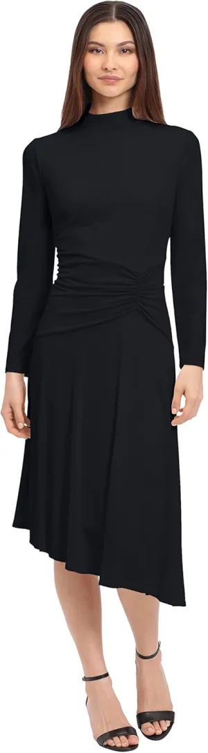 Maggy London Women's Long Sleeve Mock Neck Midi Dress with Asymmetrical Hem