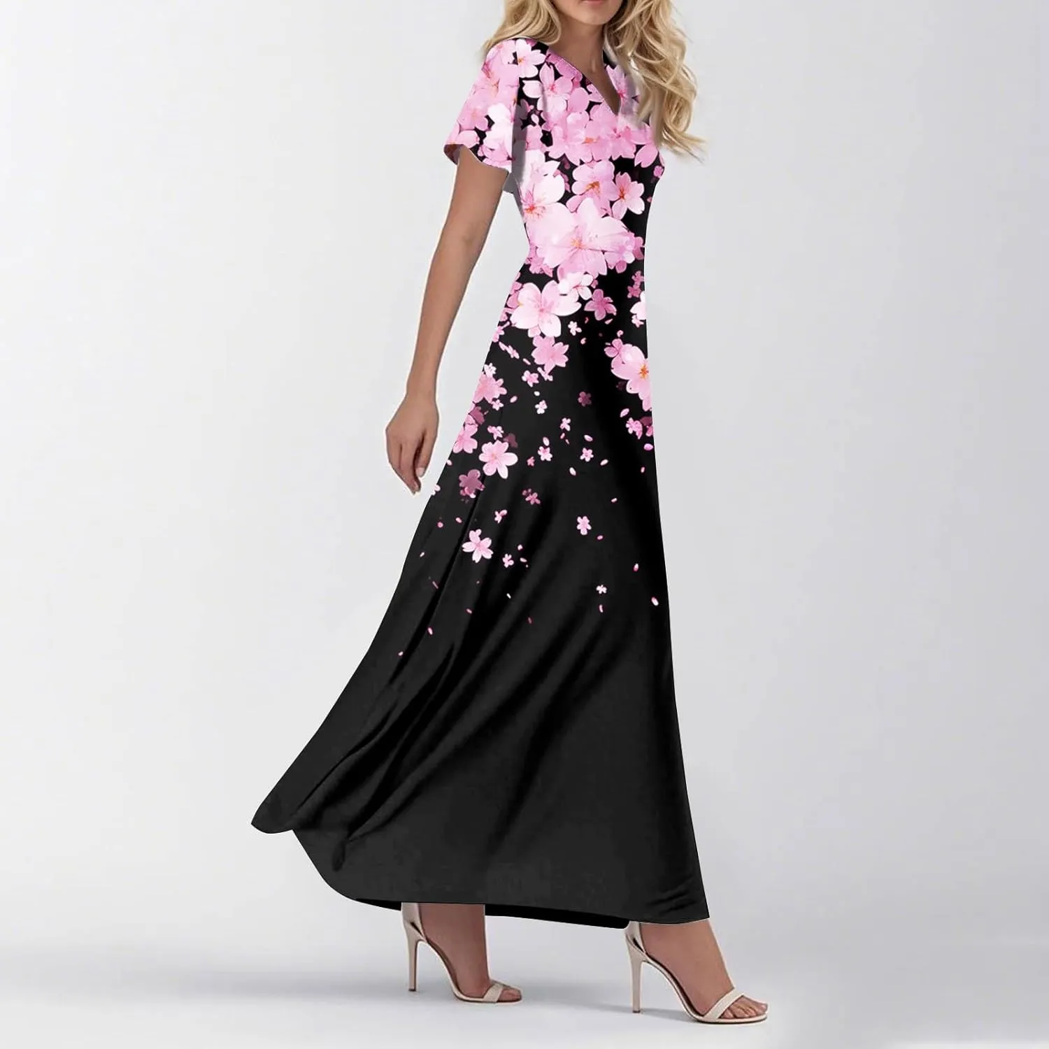 Maxi Dresses for Womem 2025 V Neck Boho Flowy Butterfly Sleeve Sundress High Waist Summer Floral Vacation Dress