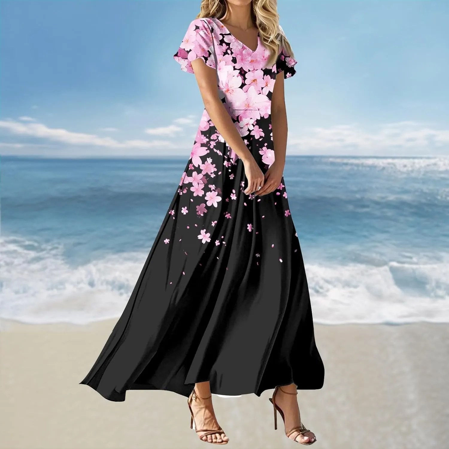 Maxi Dresses for Womem 2025 V Neck Boho Flowy Butterfly Sleeve Sundress High Waist Summer Floral Vacation Dress