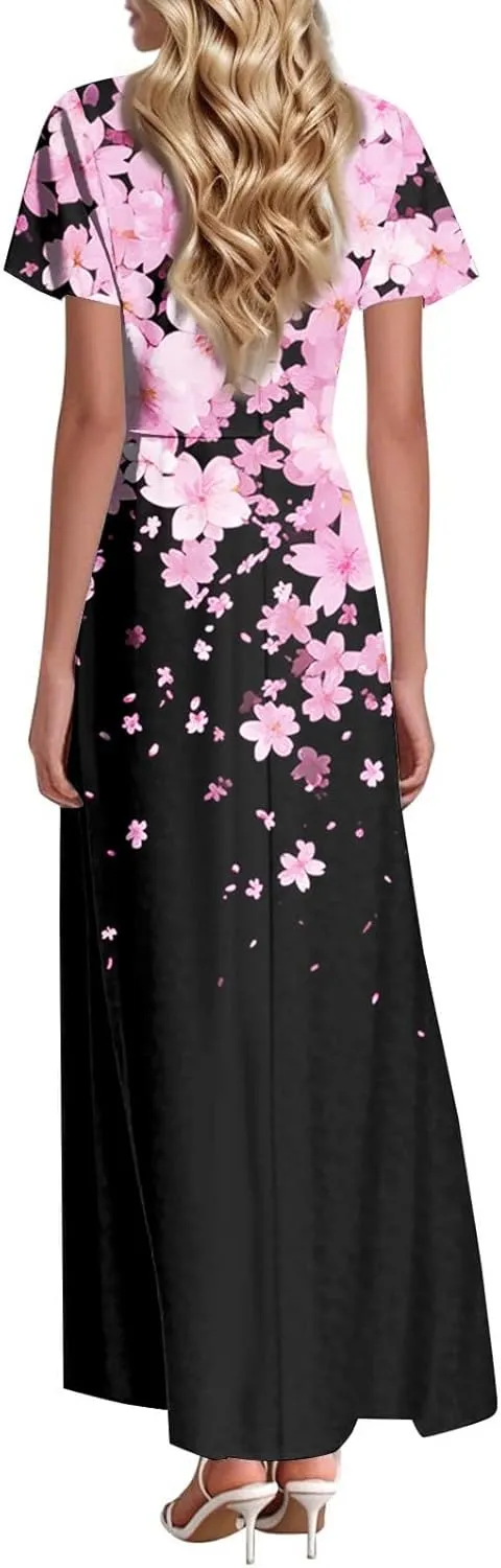 Maxi Dresses for Womem 2025 V Neck Boho Flowy Butterfly Sleeve Sundress High Waist Summer Floral Vacation Dress
