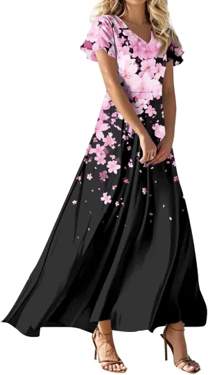 Maxi Dresses for Womem 2025 V Neck Boho Flowy Butterfly Sleeve Sundress High Waist Summer Floral Vacation Dress