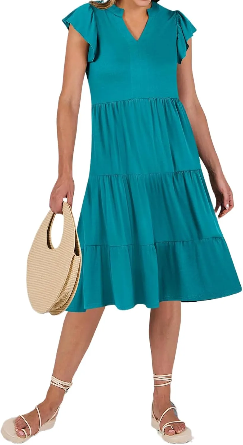 Maxi Dresses for Women 2025 Sundress Ruffle Sleeve V Neck Dress Ruched Elegant Swing Dress with Pocket
