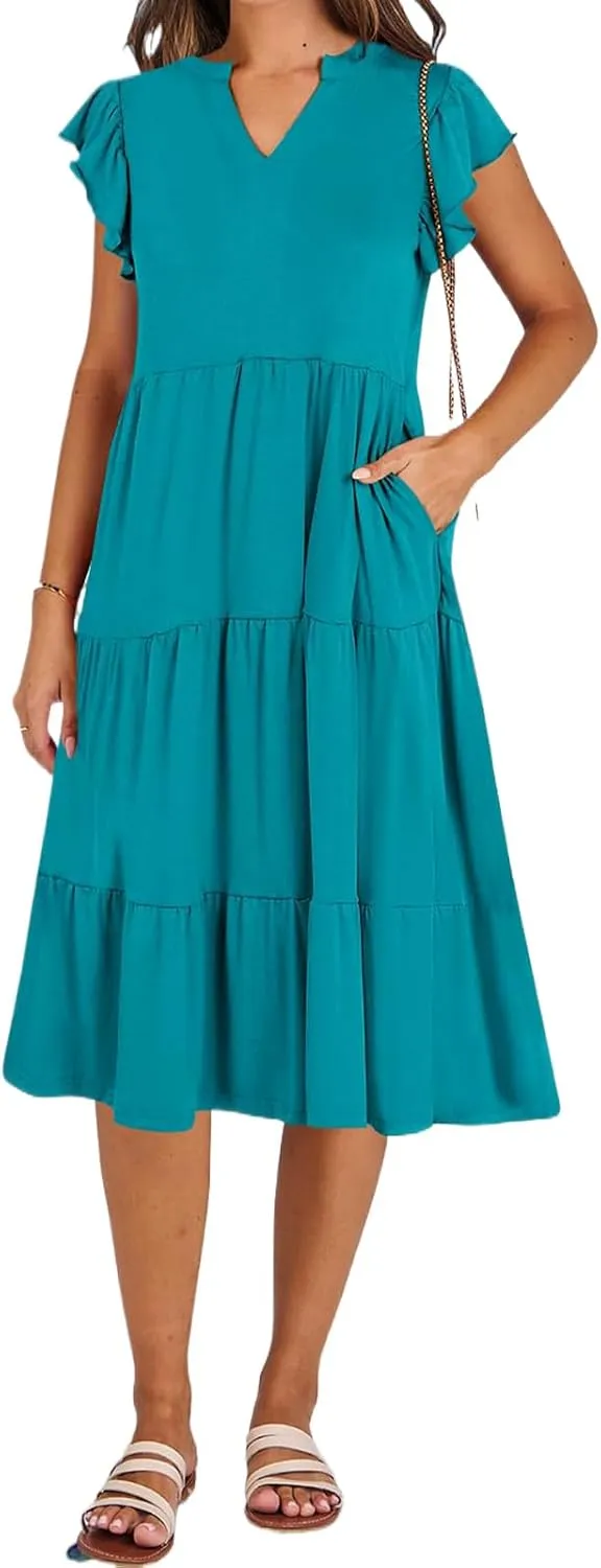 Maxi Dresses for Women 2025 Sundress Ruffle Sleeve V Neck Dress Ruched Elegant Swing Dress with Pocket