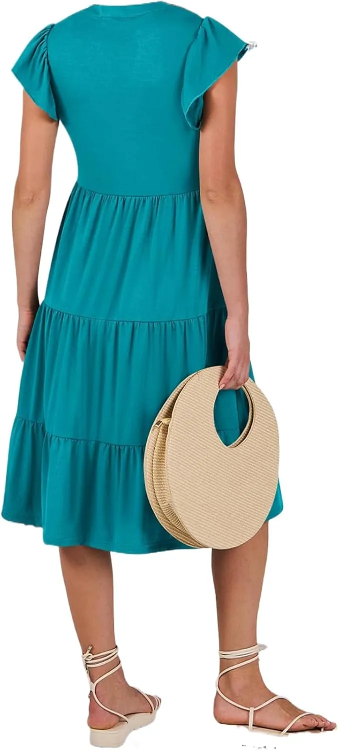 Maxi Dresses for Women 2025 Sundress Ruffle Sleeve V Neck Dress Ruched Elegant Swing Dress with Pocket