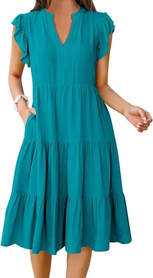 Maxi Dresses for Women 2025 Sundress Ruffle Sleeve V Neck Dress Ruched Elegant Swing Dress with Pocket