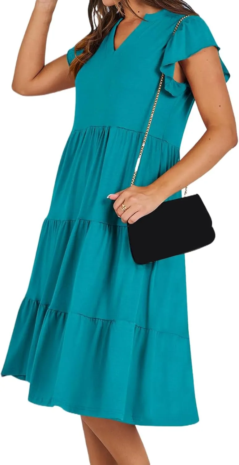 Maxi Dresses for Women 2025 Sundress Ruffle Sleeve V Neck Dress Ruched Elegant Swing Dress with Pocket