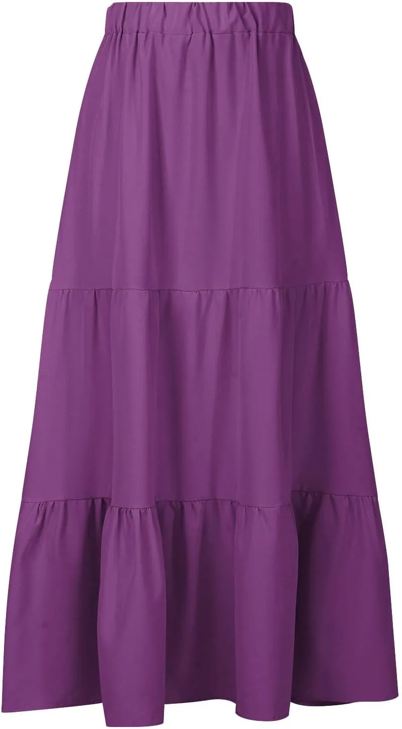Maxi Skirt for Women High Waist Pleated A-Line Skirts Flowy Ruffle Tiered Long Swing Boho Beach Skirt with Pockets