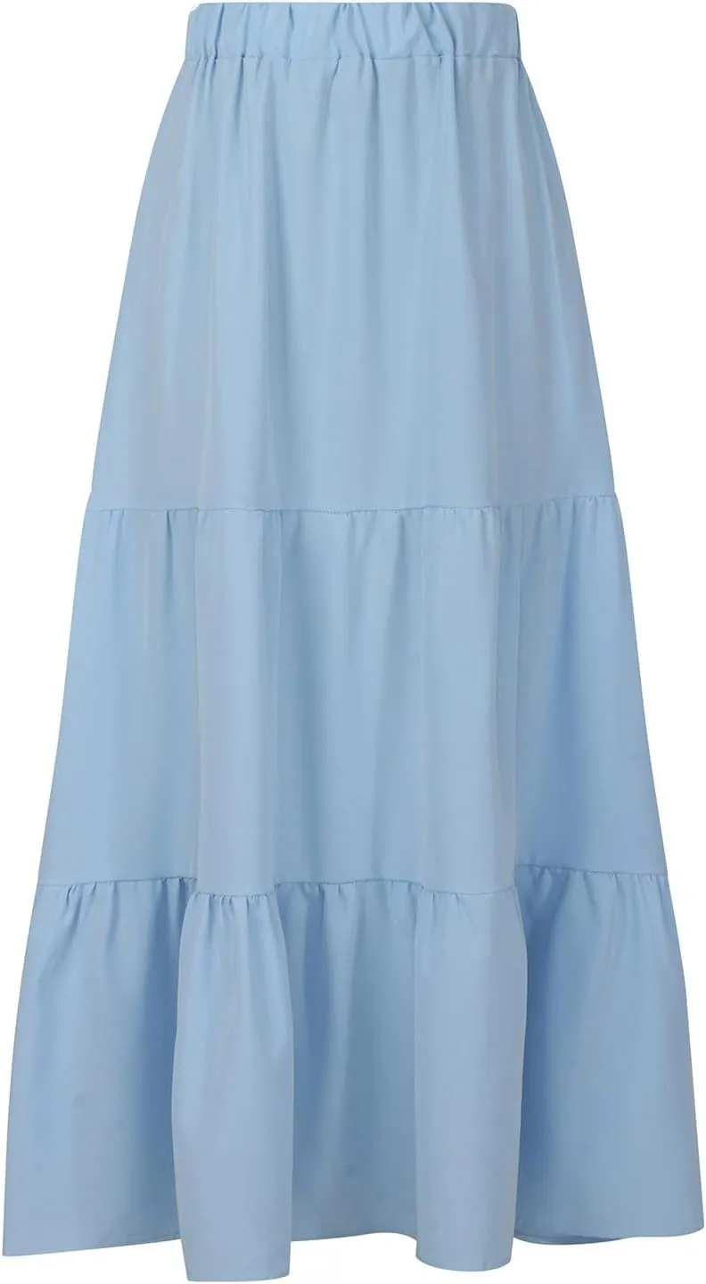 Maxi Skirt for Women High Waist Pleated A-Line Skirts Flowy Ruffle Tiered Long Swing Boho Beach Skirt with Pockets