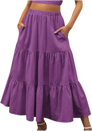 Maxi Skirt for Women High Waist Pleated A-Line Skirts Flowy Ruffle Tiered Long Swing Boho Beach Skirt with Pockets