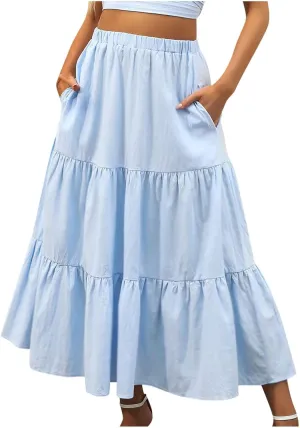 Maxi Skirt for Women High Waist Pleated A-Line Skirts Flowy Ruffle Tiered Long Swing Boho Beach Skirt with Pockets