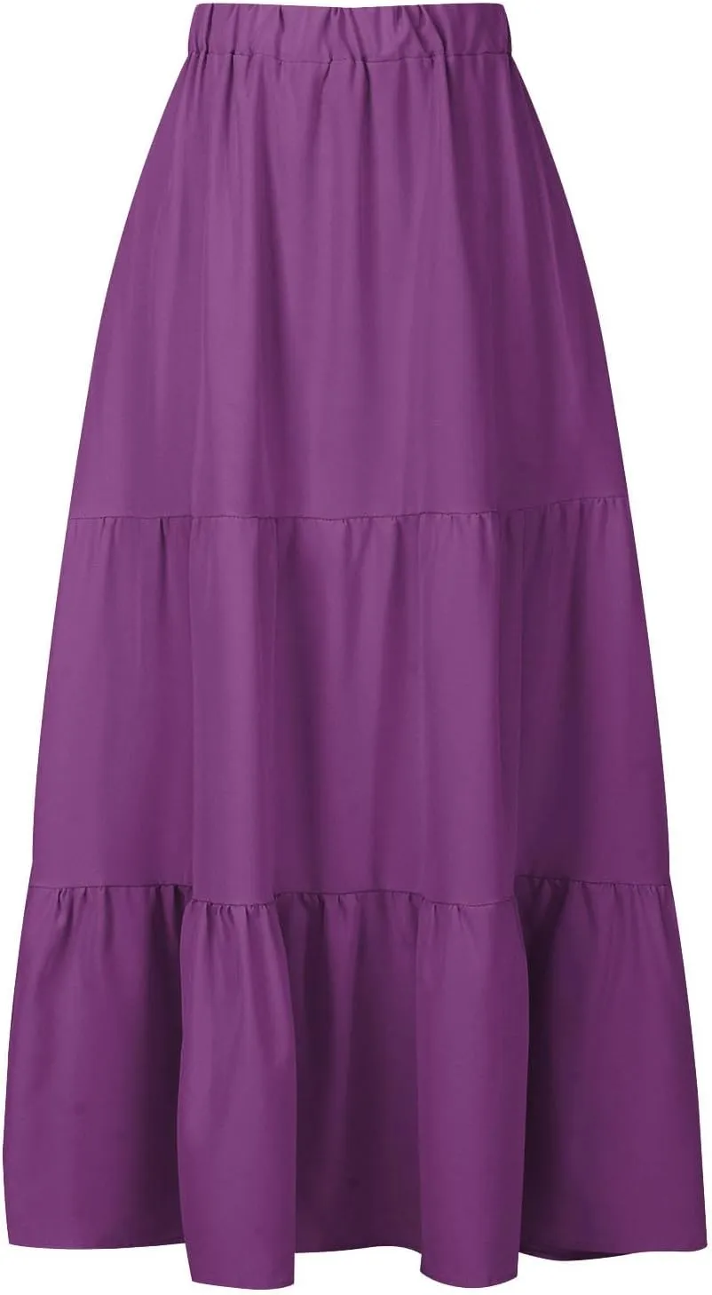 Maxi Skirt for Women High Waist Pleated A-Line Skirts Flowy Ruffle Tiered Long Swing Boho Beach Skirt with Pockets