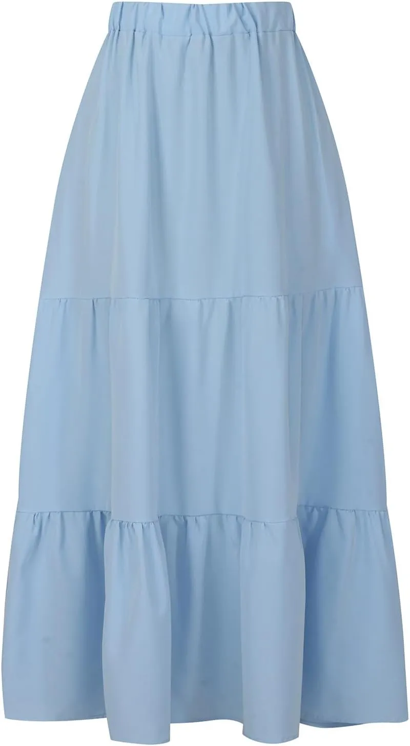 Maxi Skirt for Women High Waist Pleated A-Line Skirts Flowy Ruffle Tiered Long Swing Boho Beach Skirt with Pockets